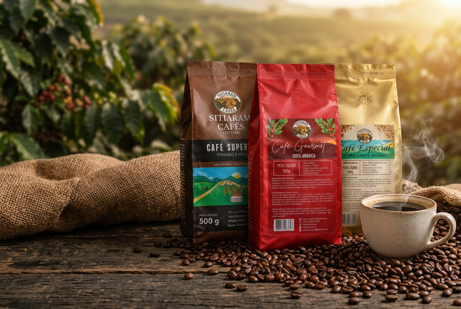 Cafés Sitiaram Superior, Gourmet e Especial sobre mesa rústica